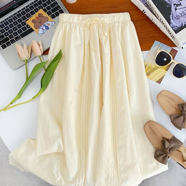 Frill Trim Pintuck Maxi Skirt with Drawstring Waist