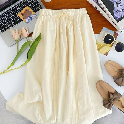 Frill Trim Pintuck Maxi Skirt with Drawstring Waist
