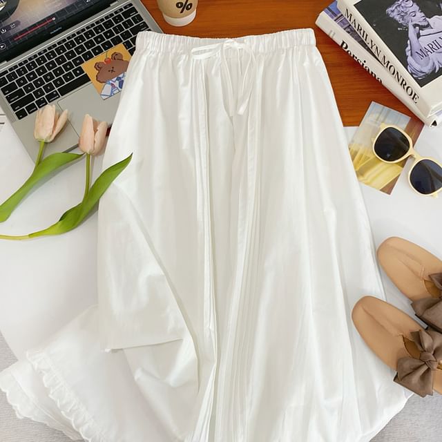 Frill Trim Pintuck Maxi Skirt with Drawstring Waist