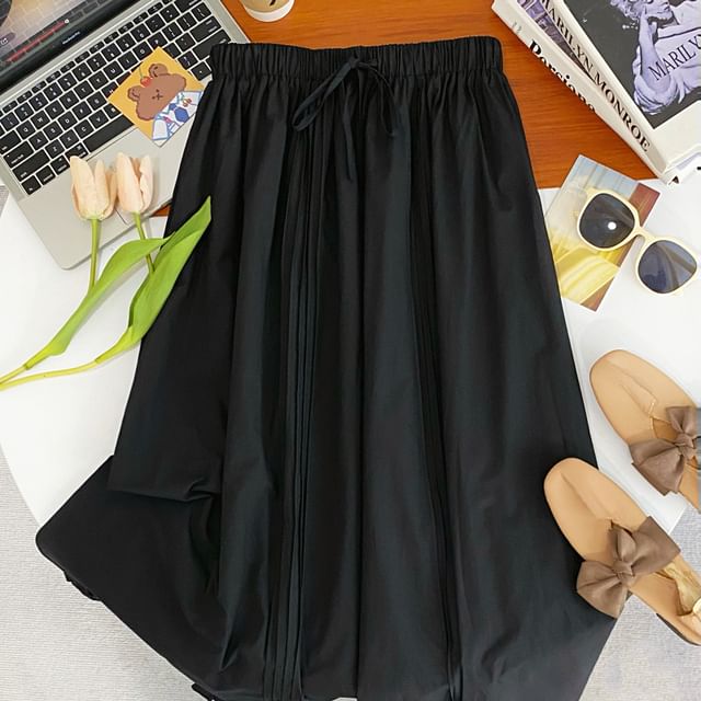 Frill Trim Pintuck Maxi Skirt with Drawstring Waist
