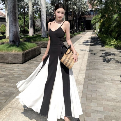 Two Tone Open Back Maxi A-Line Dress V-Neck Thin Straps