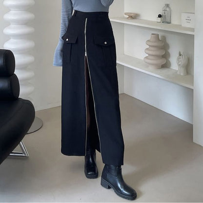 Solid Zip-Up Midi A-Line Skirt with High Waistband