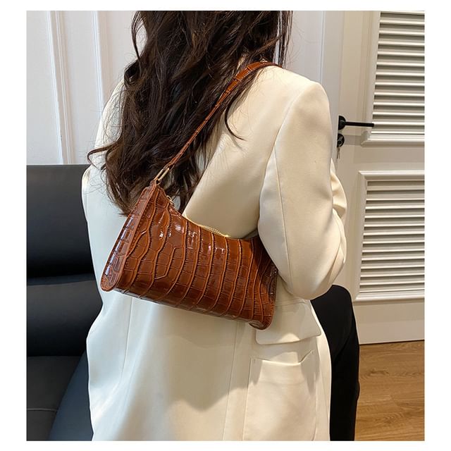 Plain Croc Grain Faux Leather Shoulder Bag