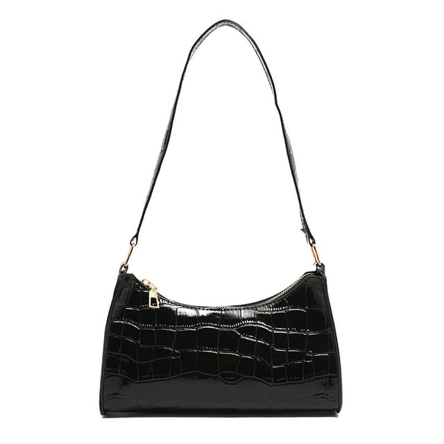 Plain Croc Grain Faux Leather Shoulder Bag