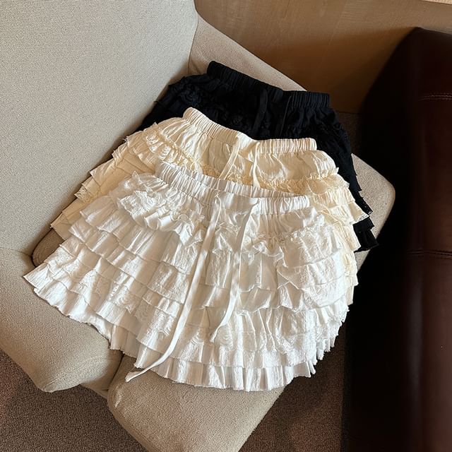 Tiered Mini Skirt with Drawstring Waist - Plain