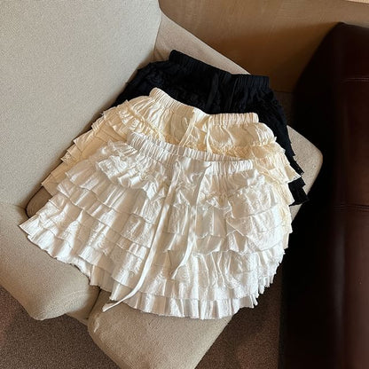 Tiered Mini Skirt with Drawstring Waist - Plain