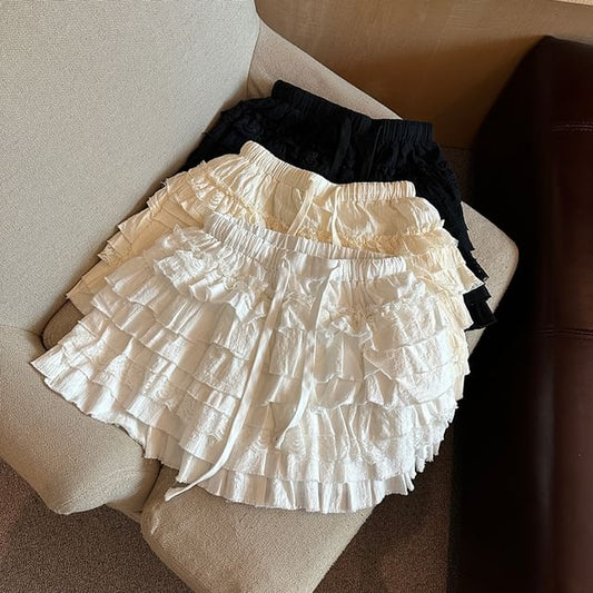 Tiered Mini Skirt with Drawstring Waist - Plain