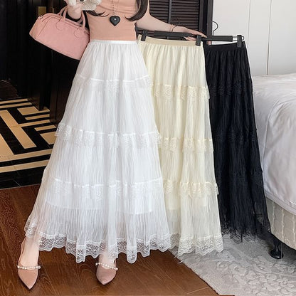 Tiered Lace Maxi Skirt with Elastic Waistband