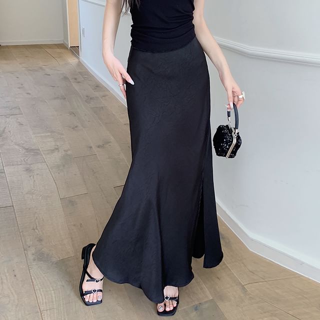 Slit Satin Mermaid Maxi Skirt - High Rise Elegant