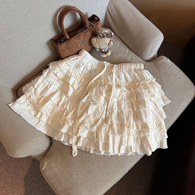 Tiered Mini Skirt with Drawstring Waist - Plain