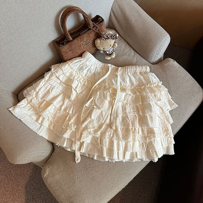 Tiered Mini Skirt with Drawstring Waist - Plain