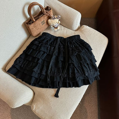 Tiered Mini Skirt with Drawstring Waist - Plain