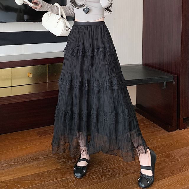 Tiered Lace Maxi Skirt with Elastic Waistband