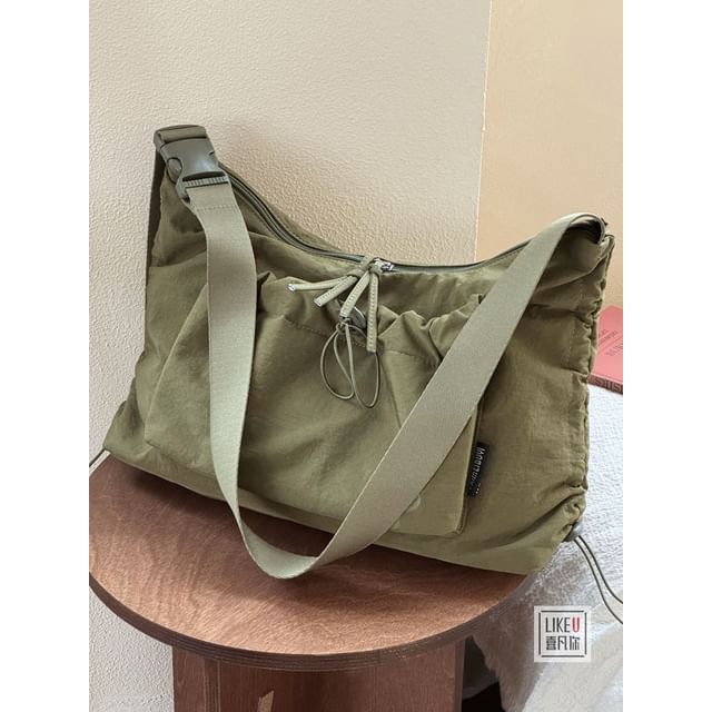 Drawstring Plain Zip Shoulder Bag