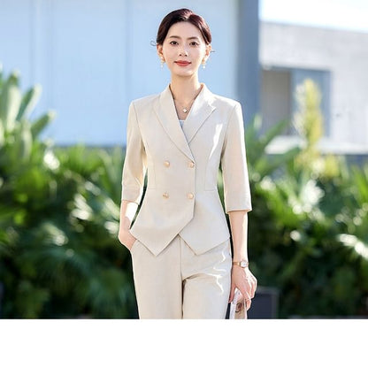 Double Breasted Blazer, Flared Pants & Skirt Set