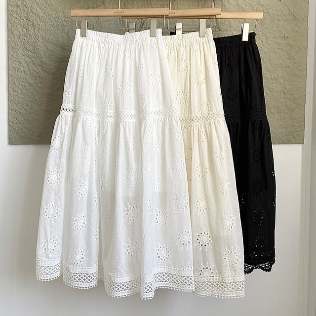 Lace Trim A-Line Midi Skirt