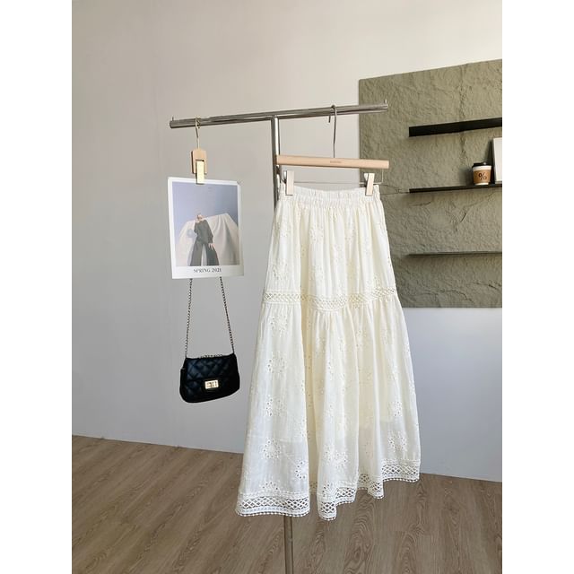 Lace Trim A-Line Midi Skirt