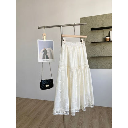 Lace Trim A-Line Midi Skirt