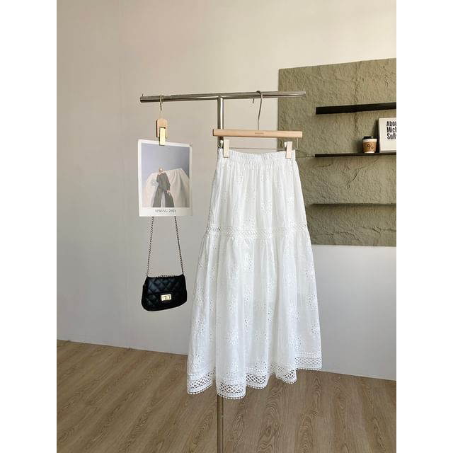 Lace Trim A-Line Midi Skirt