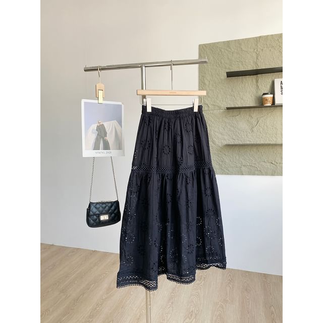 Lace Trim A-Line Midi Skirt