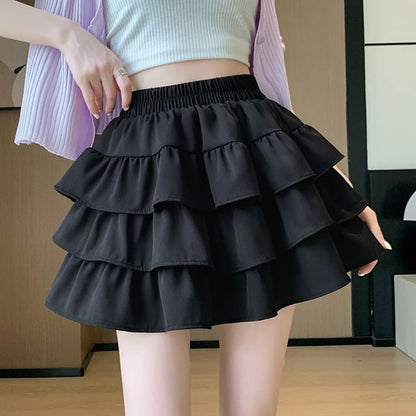 Elastic Waist Tiered Mini Skirt