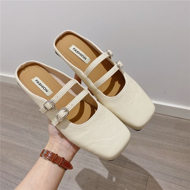Square Toe Double Strap Rhinestone Buckled Faux Leather Mary Jane Mules