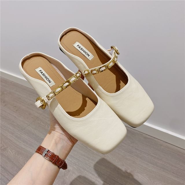Square Toe Plain Buckled Faux Leather Mary Jane Mules