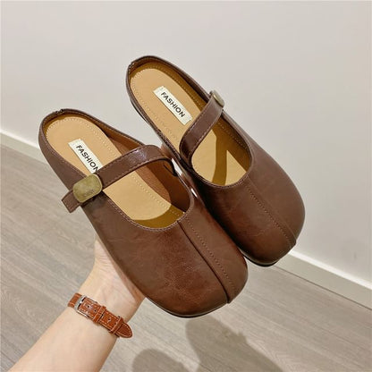Adhesive Strap Plain Faux Leather Mary Jane Mules