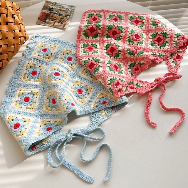 Scarf Triangle Floral Knit Plaid Head