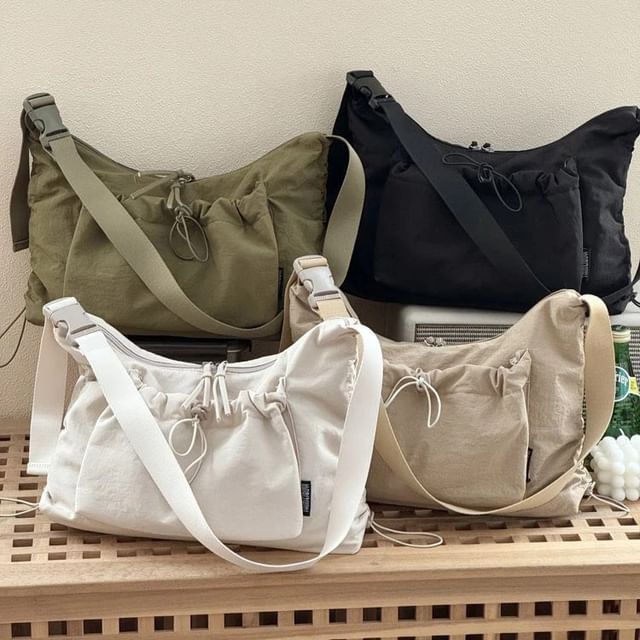 Drawstring Plain Zip Shoulder Bag