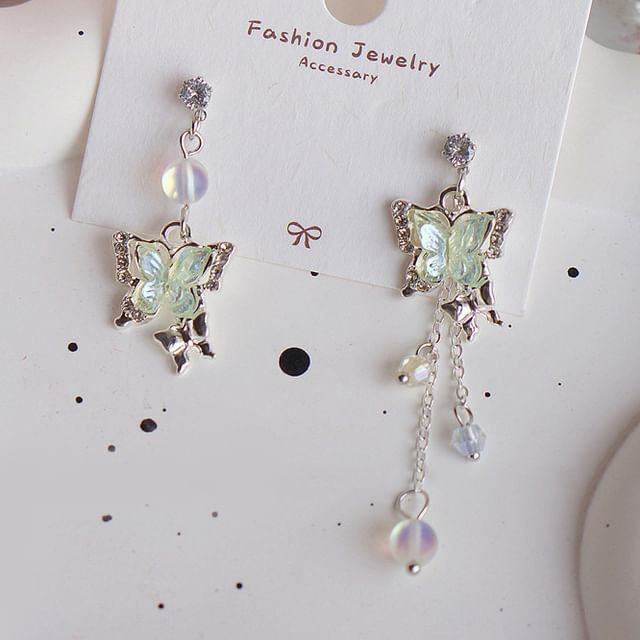 Beaded Dangle Butterfly Earring Clip / On