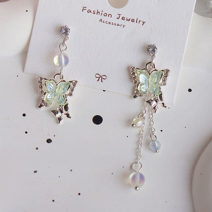 Beaded Dangle Butterfly Earring Clip / On