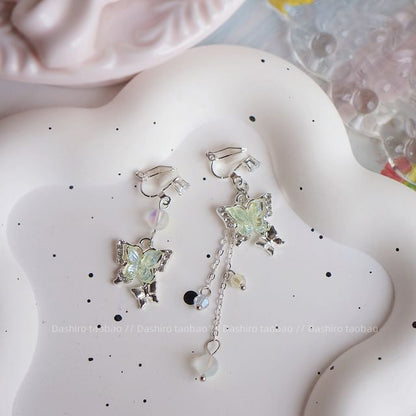 Beaded Dangle Butterfly Earring Clip / On