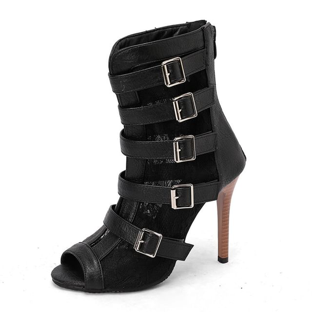 Peep-Toe Lace Panel High Heel Sandals