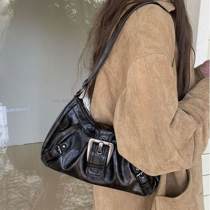 Plain Faux Leather Buckled Shoulder Bag
