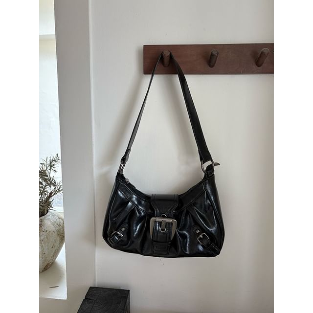 Plain Faux Leather Buckled Shoulder Bag