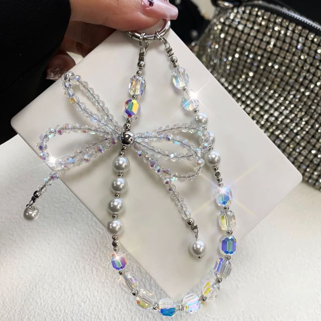 Crystal Lanyard with Faux Strap Bow Phone Pad Pearl