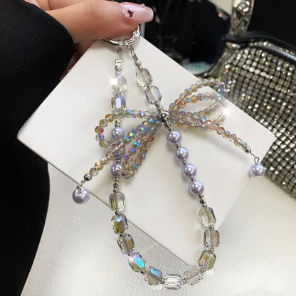 Crystal Lanyard with Faux Strap Bow Phone Pad Pearl