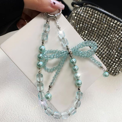 Crystal Lanyard with Faux Strap Bow Phone Pad Pearl