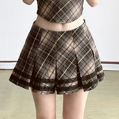 Plaid Lace Trim V-Neck Crop Top Mini Pleated Skirt