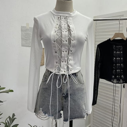 Crew-Neck Lace-Up Mesh Crop Long-Sleeve Top
