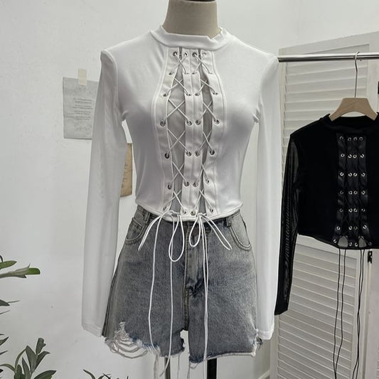 Crew-Neck Lace-Up Mesh Crop Long-Sleeve Top
