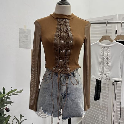 Crew-Neck Lace-Up Mesh Crop Long-Sleeve Top