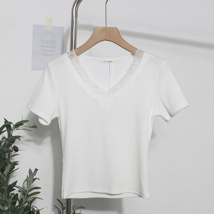Short-Sleeve Lace-Trim Slim V-Neck Tee