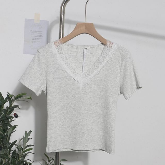 Short-Sleeve Lace-Trim Slim V-Neck Tee