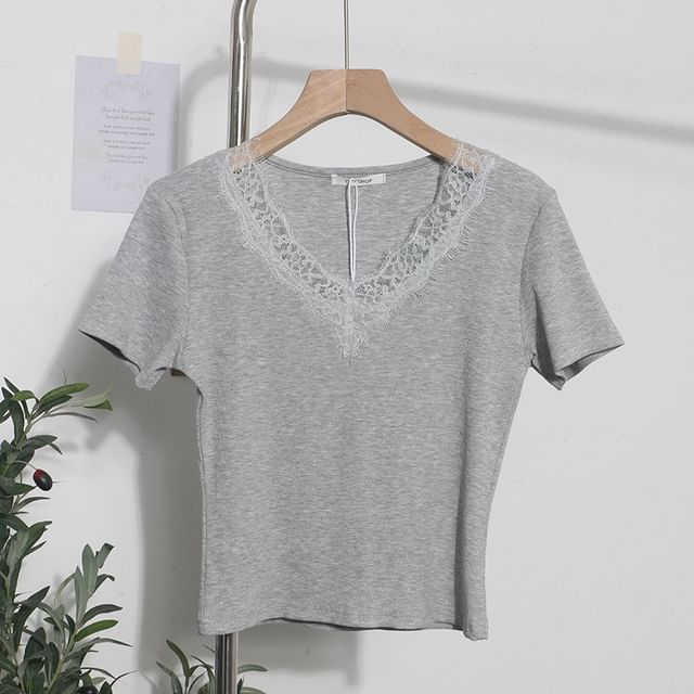 Short-Sleeve Lace-Trim Slim V-Neck Tee