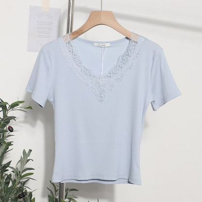 Short-Sleeve Lace-Trim Slim V-Neck Tee