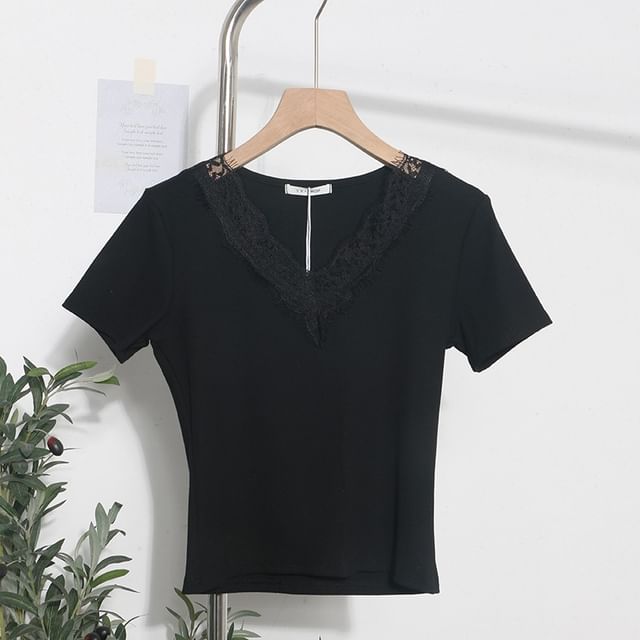 Short-Sleeve Lace-Trim Slim V-Neck Tee