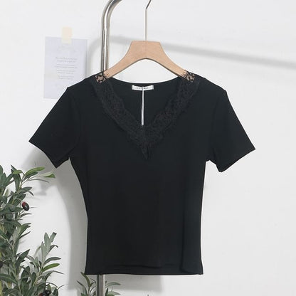 Short-Sleeve Lace-Trim Slim V-Neck Tee
