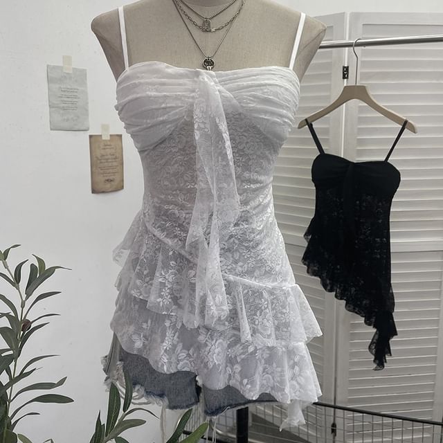 Asymmetric Ruffle Padded Lace Cami